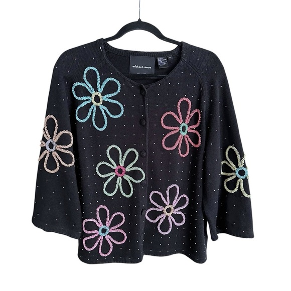 MICHAEL SIMON Beaded Flower Cardigan Black Y2K Retro Whimsical Collectible Sz 1X - Picture 15 of 17